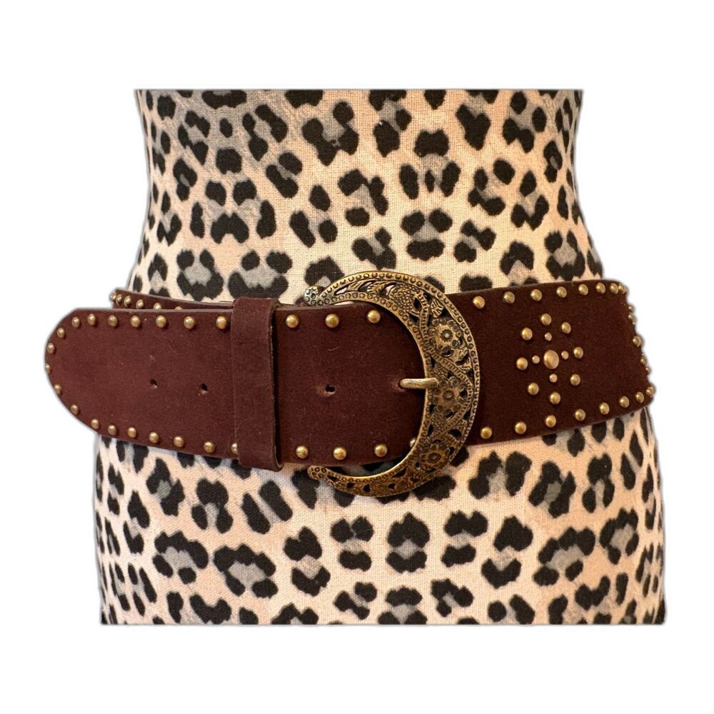 Y2K Brown Faux Suede Studded Belt Size L Boho Western Goth Celestial Festival